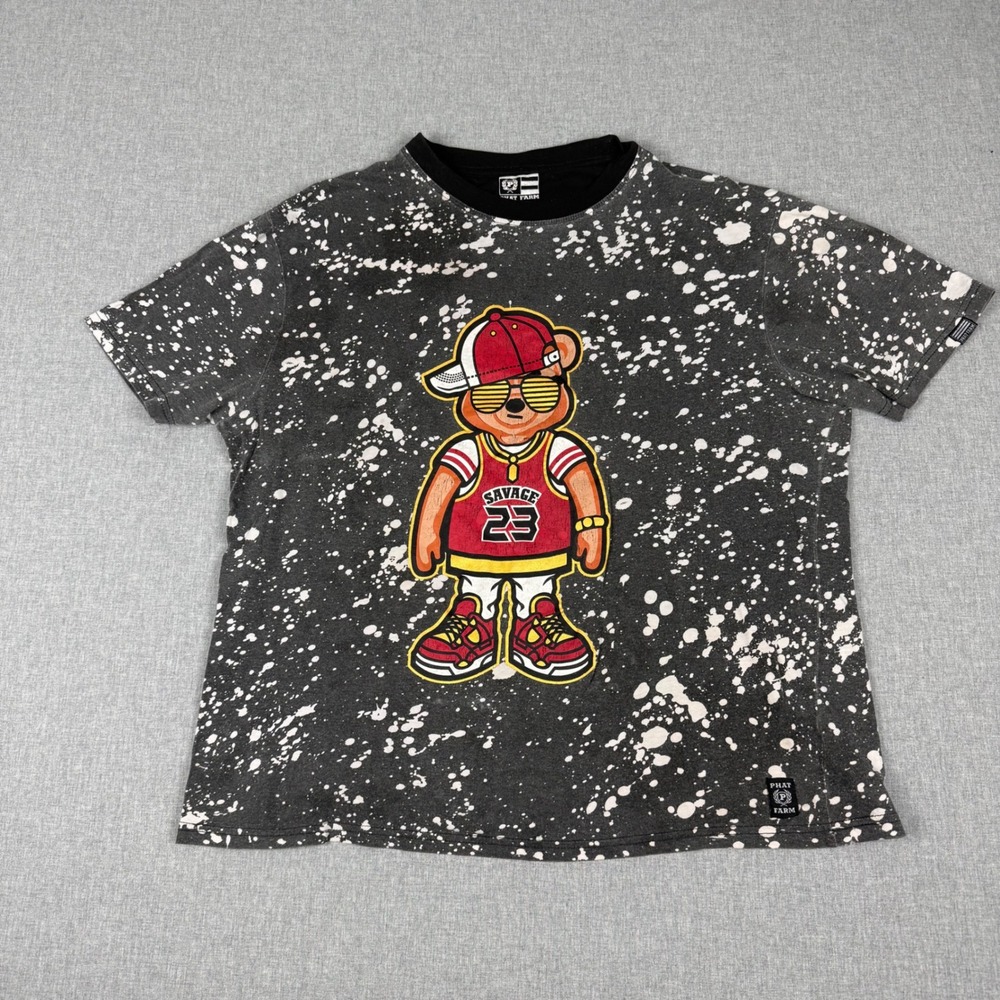 Phat Farm Mens XL Black Bleach Splatter Savage Bear Graphic T-Shirt